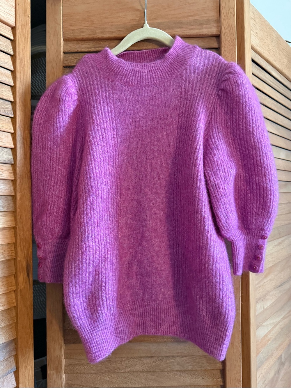Sezane Fuchsia Puff-Sleeve Crewneck Sweater